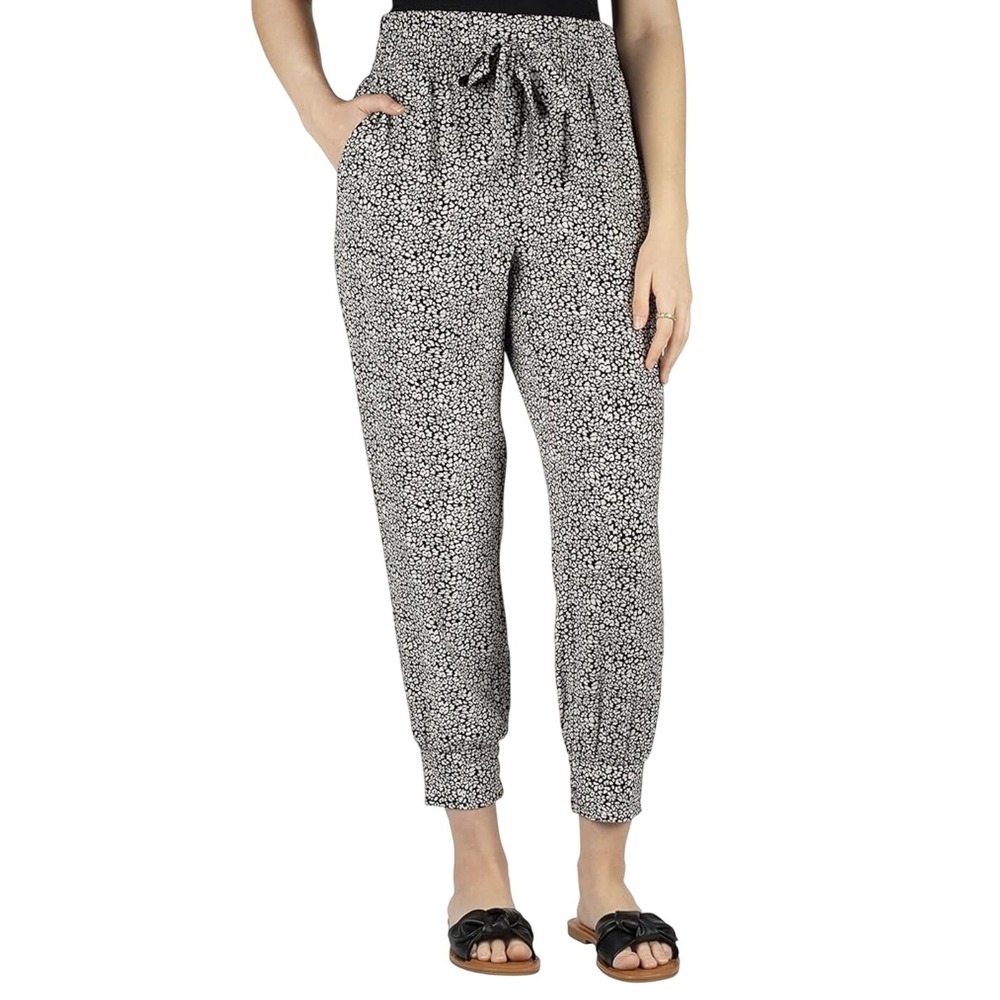 One by Chapter One Black White Floral Smocked Waist Lounge Jogger Pants M Tencel